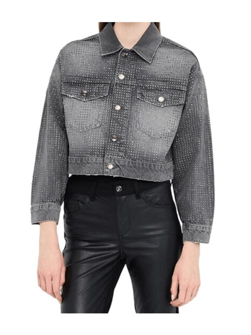 Giacca corta da donna  in denim con strass all-over, colore grigio used LIU JO | UF5088-D502088281